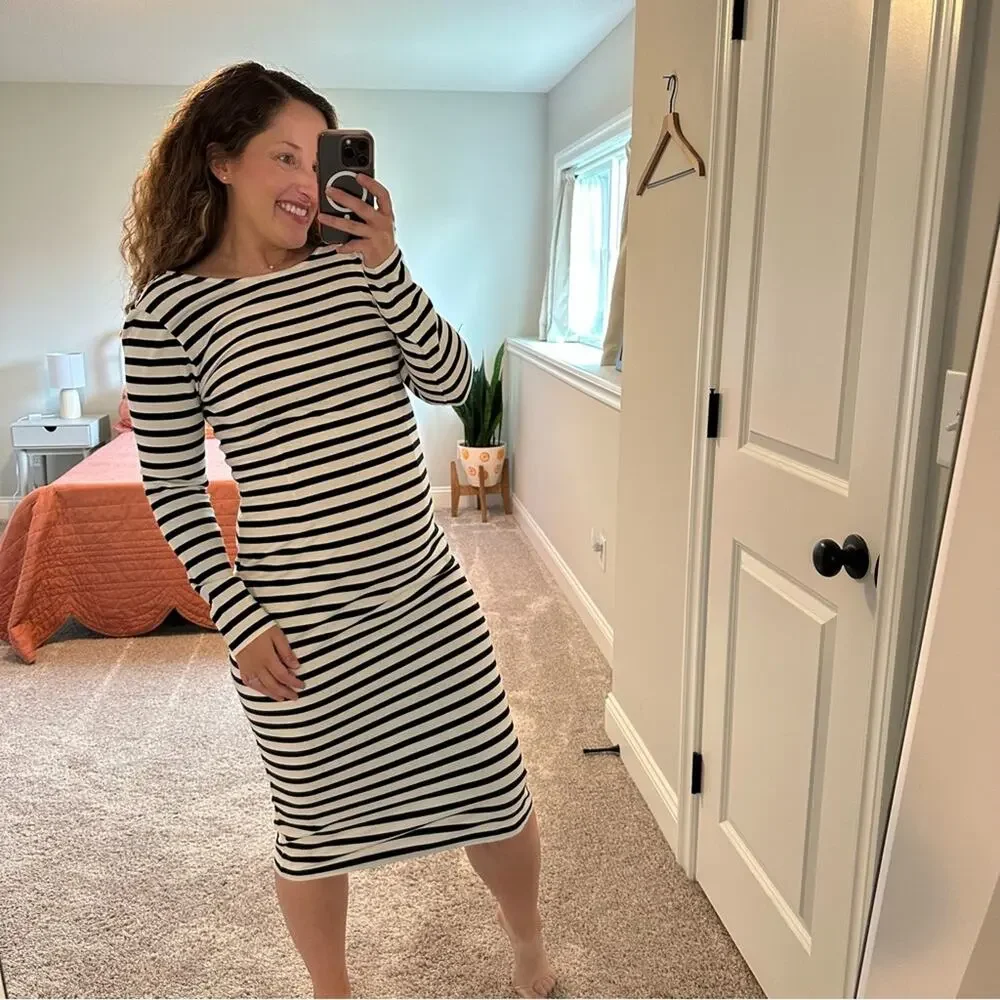 NWT J. Crew White Black Striped Cotton Long Sleeve MIDI Dress 6
